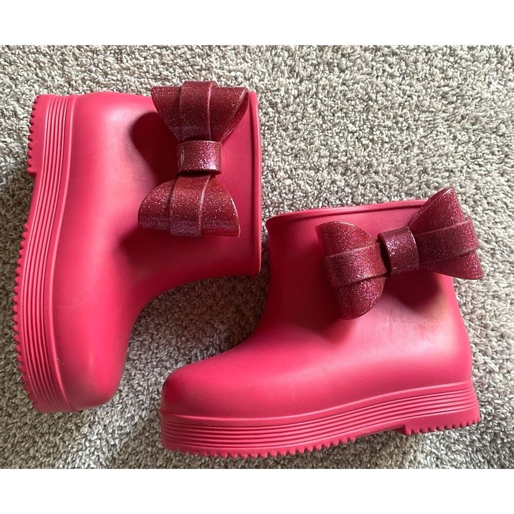 Mini Melissa Hot Pink with Pink Glitter Bow Boots Princess Sparkle Size 6/7
